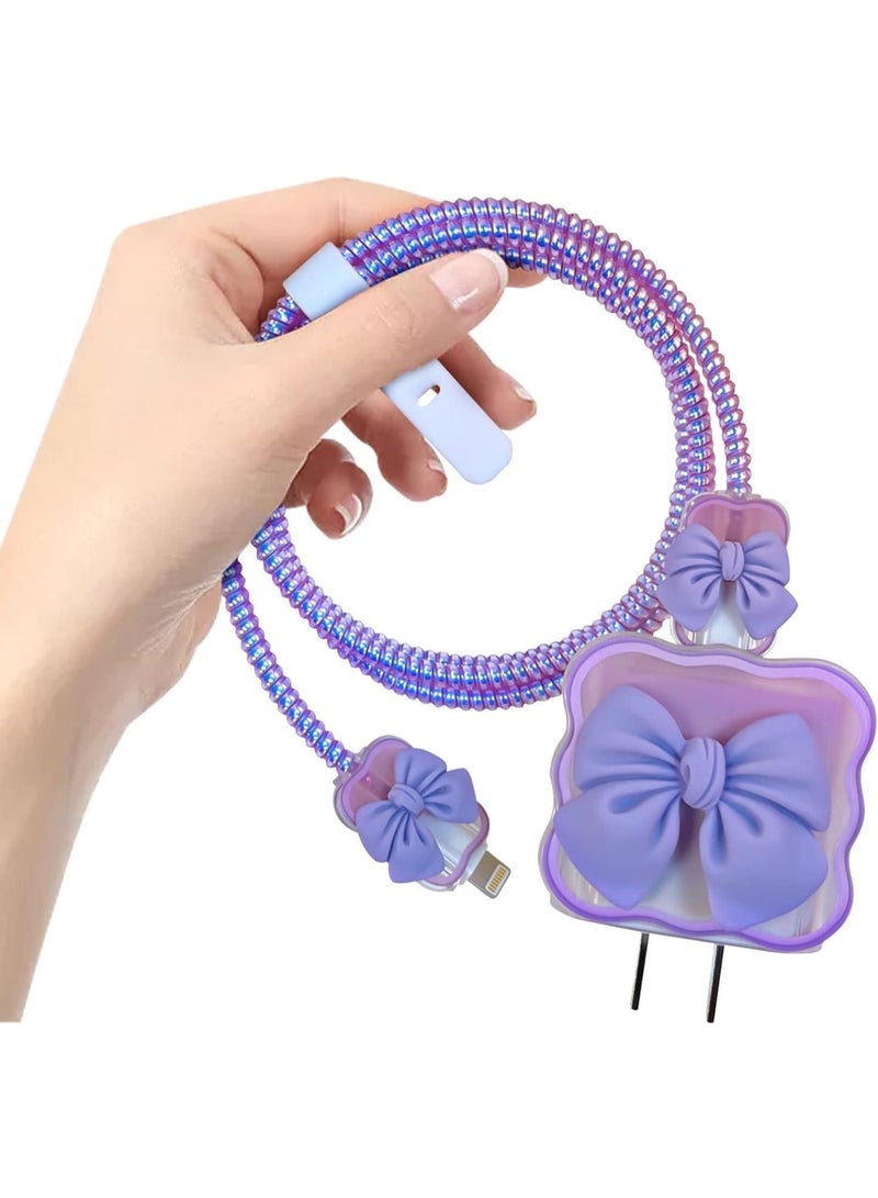 ChicAbode Phone Cable Protector, 18W/20W USB-C Charger Protecor Cover, with Bow Tie Wave Design, Charger Protective Case, Data Line Cover, Cute Cable Saver, for i Phone Charger, Purple - Image 1